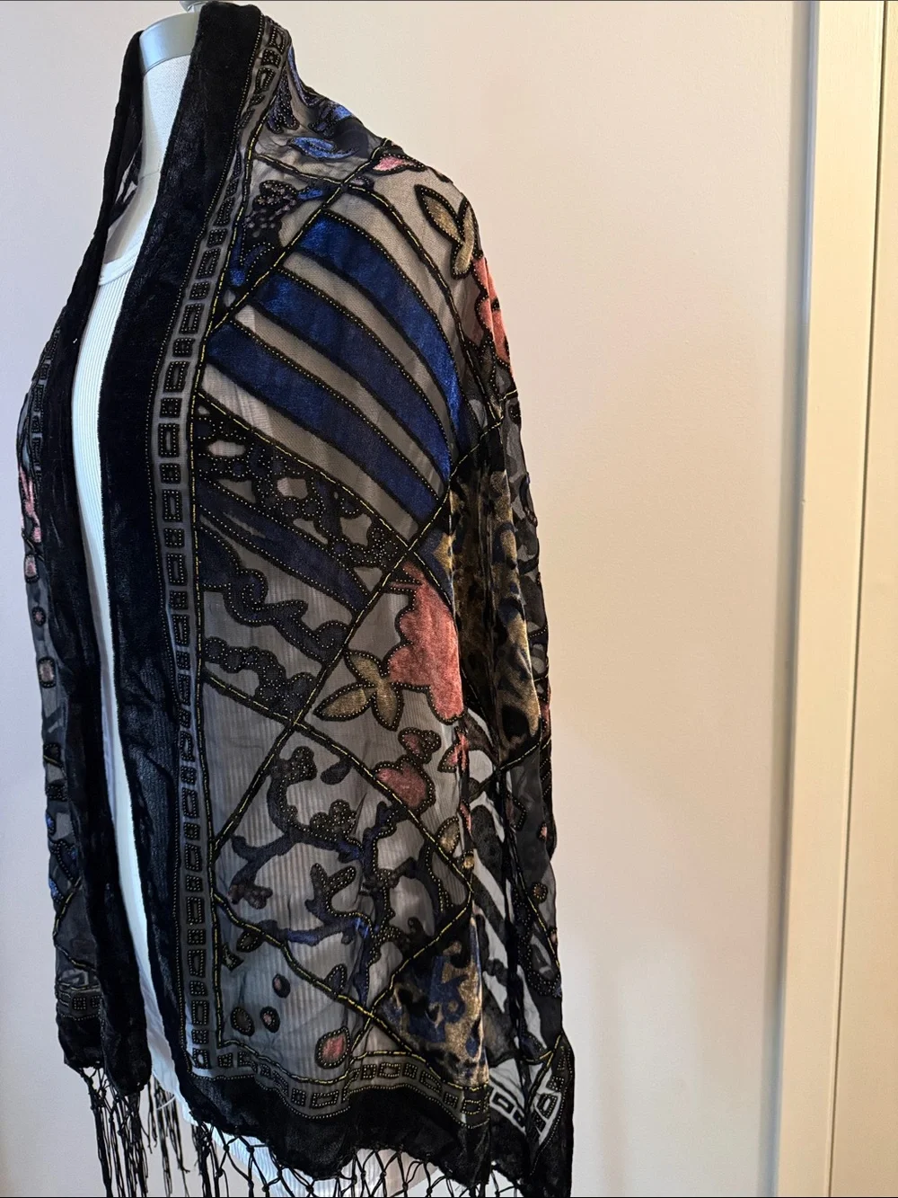 Black Velvet-Trim Embroidered Floral Shawl Scarf